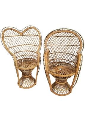Vntg Mini Woven Rattan Peacock Chairs - Natural Tan. Boho Plant Stands, Decor